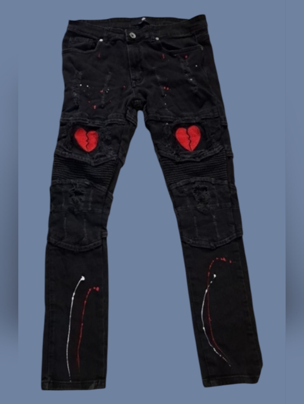 Focus Heartbreaker Black Red Distressed Denim Jeans Heart Paint Design 34WX32L